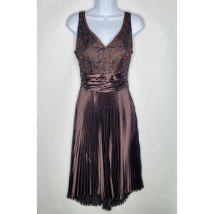 Kandu Womens Vintage Brown Sleeveless Beaded Dress Size 2 Accordion Skirt Y2K